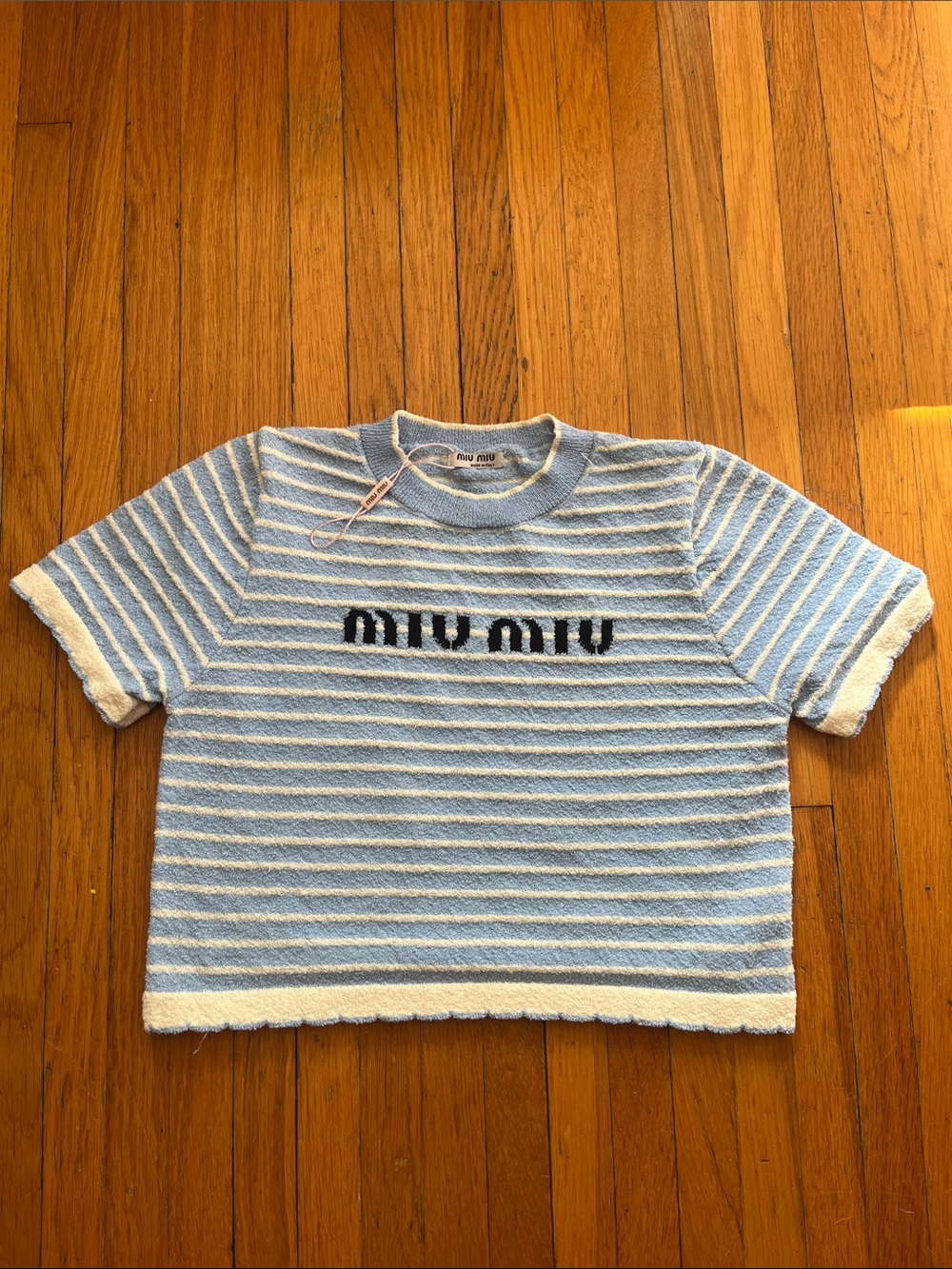 Miu Miu Light Blue & White Striped Terry Short Sleeve Tee